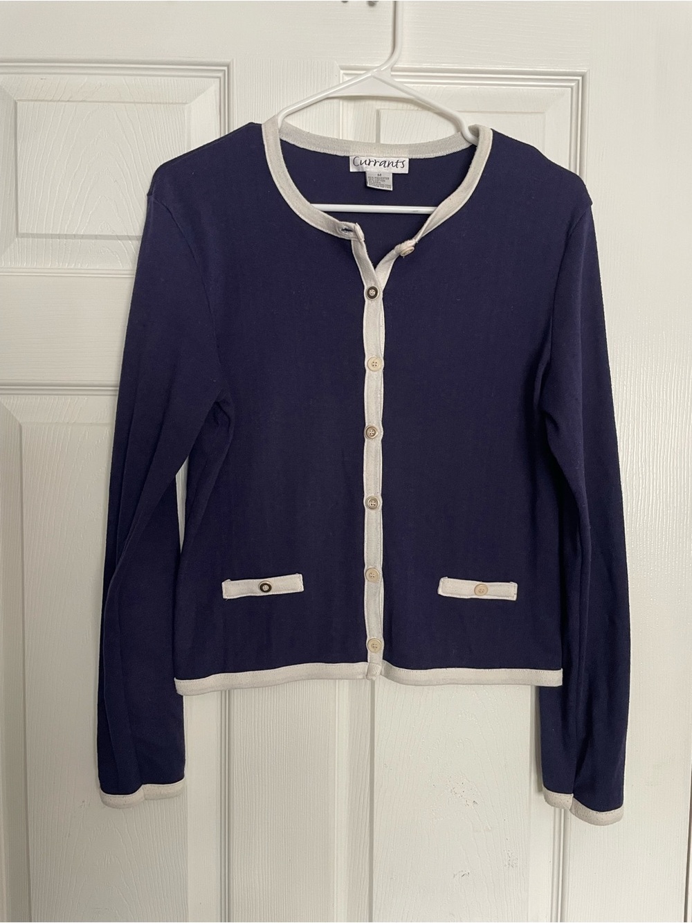 Vintage Currants Women’s Medium Eggplant Purple Cardigan with Cream Trim